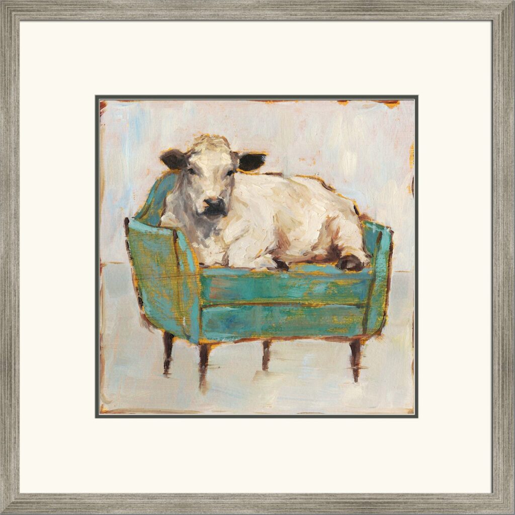 Impressionist painting of a white cow lounging in a turquoise armchair inside a frame.