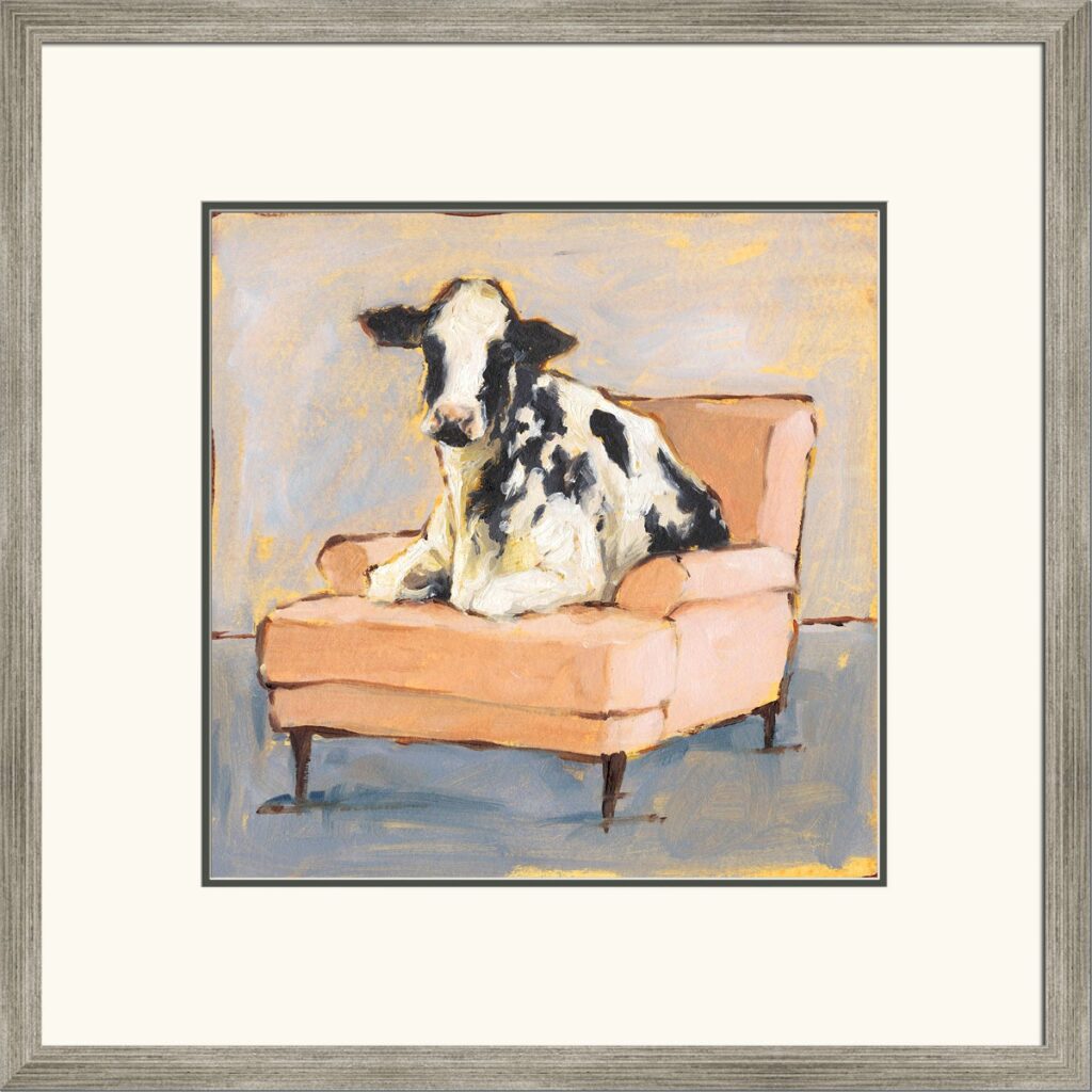Oil painting of a black-and-white Holstein cow sitting on a pink upholstered armchair in a muted background.