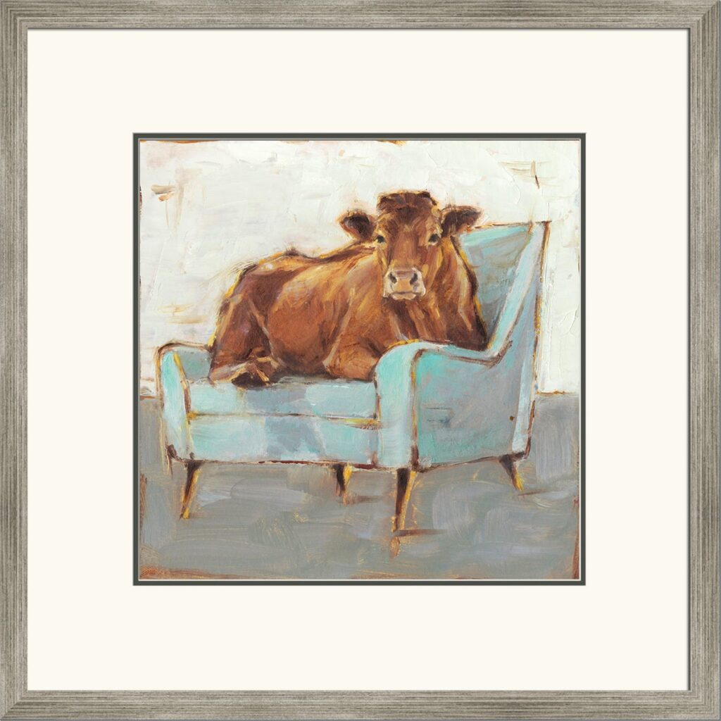 Brown cow resting on a light blue armchair in a textured impressionist painting.