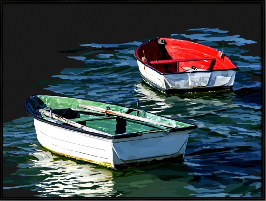 Two small wooden boats float on rippling water, one with a green interior in the foreground and a white hull, the other white with a red interior in the background.