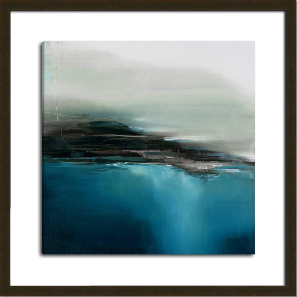 Abstract seascape with teal water and dark coastline under a pale, misty sky. framed artwork.