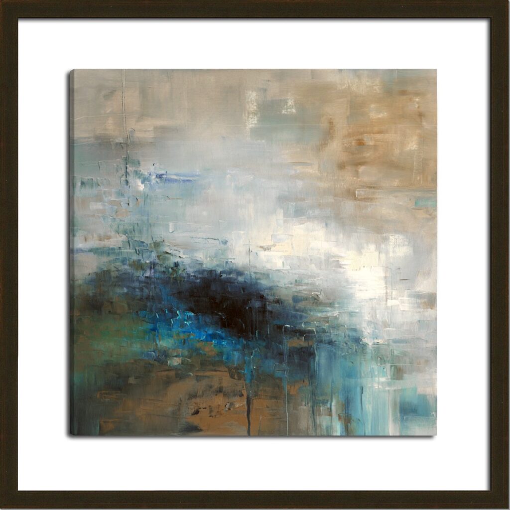 Abstract painting with cool blues and teals blending into beige tones, framed in dark wood.